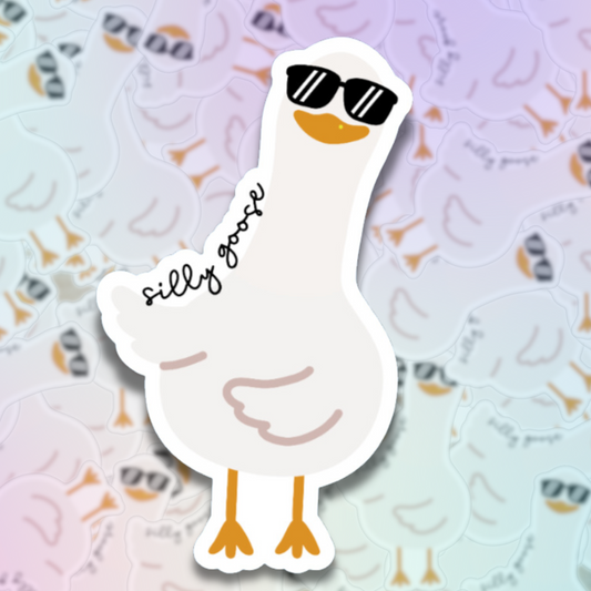 A drawing of a goose wearing sunglasses with the words "Silly Goose" written beside it. 